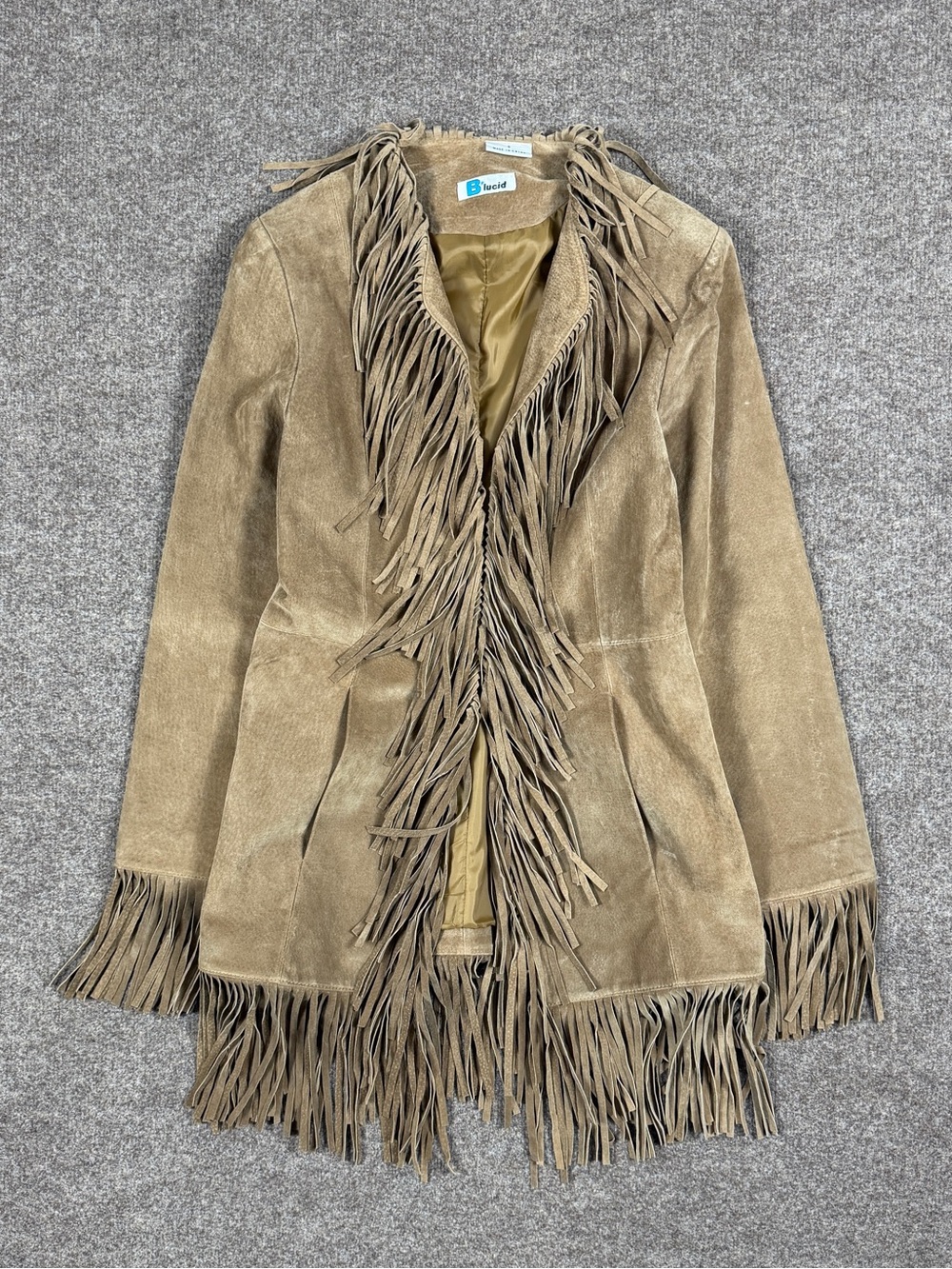 Vintage Blucid Tan Suede Leather Mid Length Fringe Trim Jacket Women’s Small Y2K
